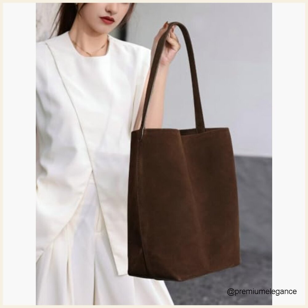 Large Genuine Leather Suede Bucket Tote Shoulder Bag Hobo Satchel Purse - Picture 3 of 7